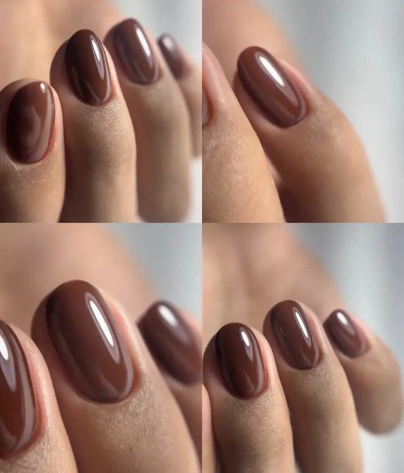 Quatro detalhes de unhas amendoadas em gel marrom-chocolate.